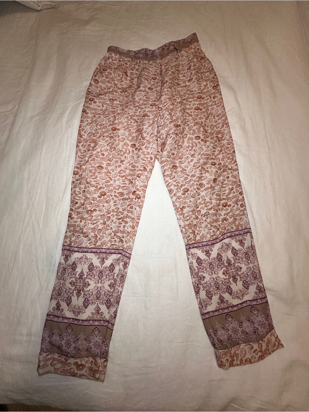 Anthropologie Beige & Mauve Paisley-Border Wide Leg Pants